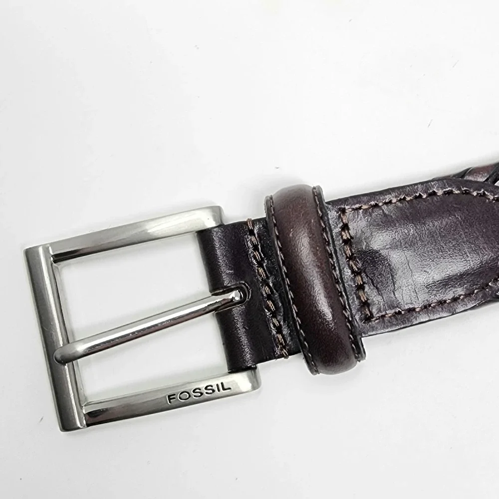 Fossil Dark Brown Leather Belt Men's 32 Silver Tone Buckle Woven